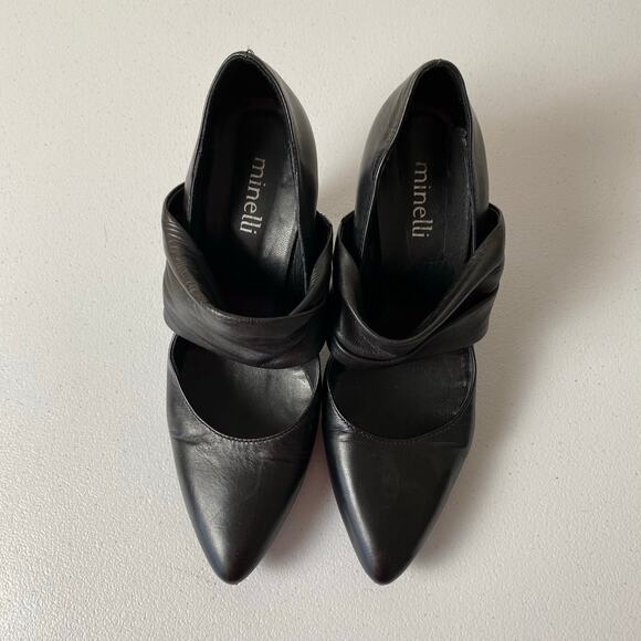 Minelli Sz EU 37 / US 6.5 Black Leather Pump Heels Made in Italy Neutral Luxury - Picture 6 of 14